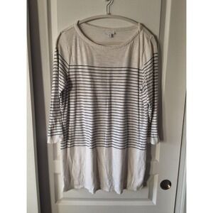 J. Jill Striped Tunic Top Women Medium Tall White Navy Blue 3/4 Sleeve Button